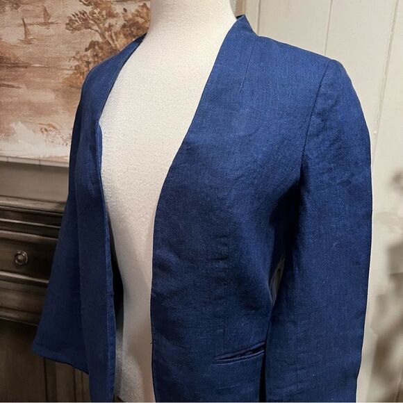 The Limited Collarless Blazer Navy Blue Linen Open Closure with 2 pockets size S - Picture 4 of 7